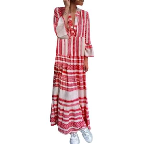 Bohemian Dresses Women Summer Printed V Neck Beach Party Long Dresses Ankle-length Loose Casual Vintage Sukienka Elegant Robe