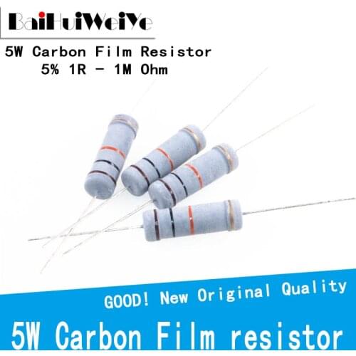 10pcs 5W Carbon Film Resistor 5% 1R ~ 1M 2.2R 10R 22R 47R 51R 100R 150R 470R 1K 4.7K 10K 47K 1 2.2 10 22 47 51 100 150 470 Ohm