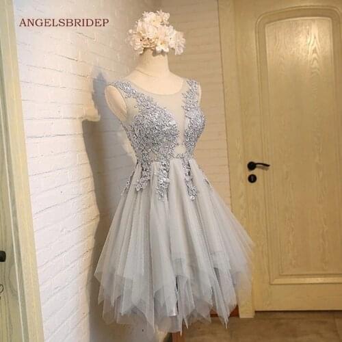 ANGELSBRIDEP Sheer Neck Gray Homecoming Dresses Vestidos De Festa Sexy See-Through Back Appliques Tulle Graduation Party Gowns