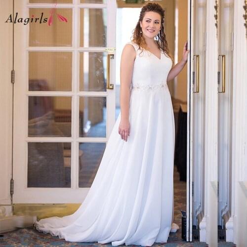 Appliques Plus Size Beach Wedding Dress V-neck Sleeveless Zipper Back Bridal Dress Simple Wedding Gown 2020