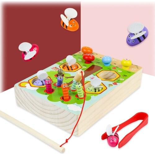 Kids 3-in-1 Multifunctional Wooden Educational Toys Baby Fishing Clip Bee Mushroom Picking Training Game Early Education Toys