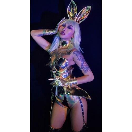Women Golden PU Bikini Pole Dance Costume Suit Sexy Ds Gogo Jazz Dancing Rave Outfits Bar Nightclub Dj Dancer Stage Wear VDB3698