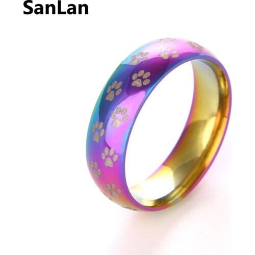 Fashion 6mm Wide Gay Pride Jewelry Rainbow ring with paw printing Wedding Rings for Women and Men Stainless Steel Ring SanLan
