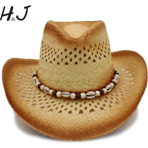 Fashion Women Western Cowboy Hat With Beach shell Band For Lady Straw Beach Sun Sombrero Cowgirl Hat Size 58CM A0119