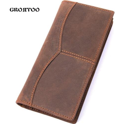 GROJITOO Fashion Genuine Cowhide Leather Long Wallet Men Wallet Crazy Horse Leather Wallet Large Capacity Card Holder Men Purse