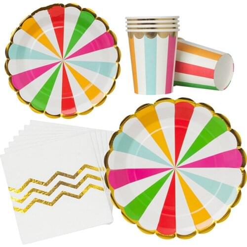 Cartoon Colorful Striped Disposable Tableware Party Paper Plates Baby Shower Birthday Party Supplies Paper Cups Tableware