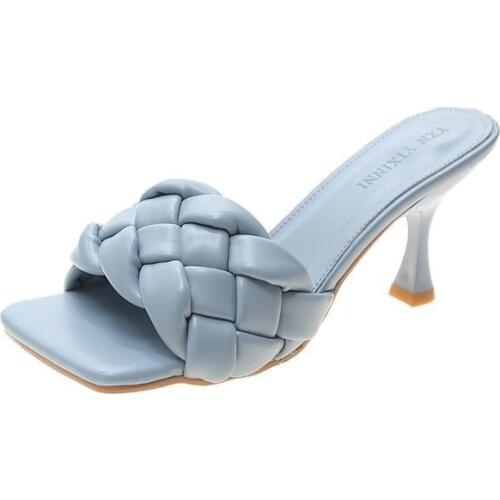 Luxury Slides Women 8cm High Heels Mules Fetish Pumps Individual Weave Leisure Blue Office Ladies Prom Slippers Womens Shoes