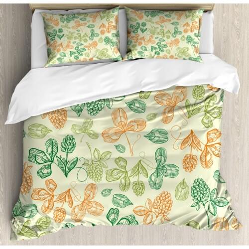 Clover Duvet Cover Set Floral St Patricks Day Print 3 Piece Bedding Set Pastel Green Burnt Orange Hunter Green Pale Olive Green