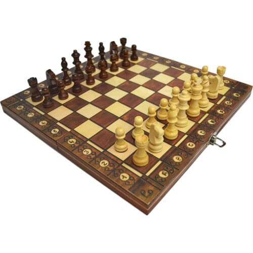 Folding Wooden Chess Set Travel Game 3 in 1 Chess Backgammon Checkers for Kids Intelligence Development 13x13inch