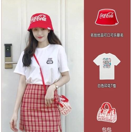 Summer New Girl White Print Short Sleeve + Plaid Skirt Two-piece Suit