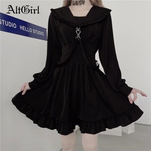 AltGirl Gothic Dark Chic Dress Women Harajuku Japanese Cute High Waist Emo Alternative Dress Streetwear Punk Vintage Partywear