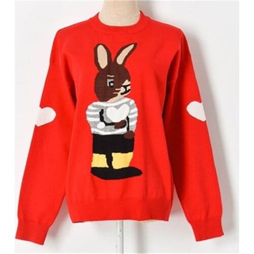 SAYTHEN 2021 Spring New Korean Cartoon Love Rabbit Jacquard Loose Knitted Sweater Pullover Women