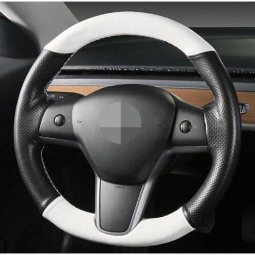 Hand-Stitched Soft Black With White Genuine leather Car Steering Wheel Cover For Tesla Model 3 2017-2020