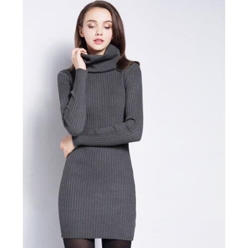 Thick Warm Sweater Dresses for Winter Women Sexy High Neck Bodycon Brand Casual Full Sleeve Solid Color Mini Knitted Dress