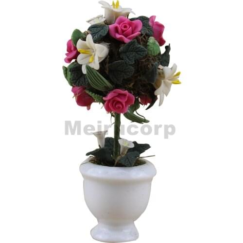 Doll house decoration 1/12 th Scene model Outdoor flower bed Pink rose tree