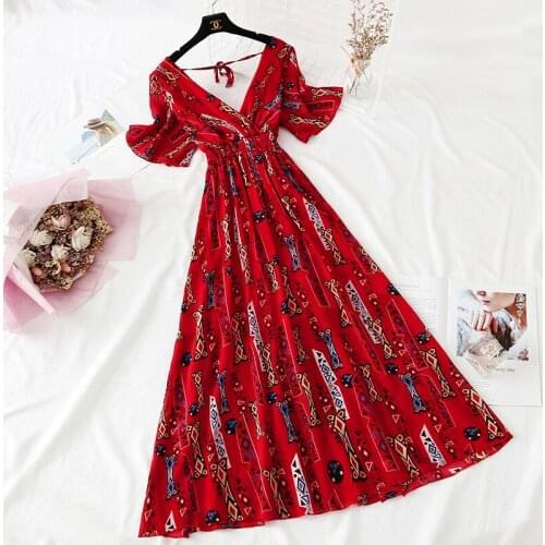 Sexy V-Neck Chiffon print Short Sleeve Party Length Dress 2021 Summer New WomenS Clothing Floral Dress