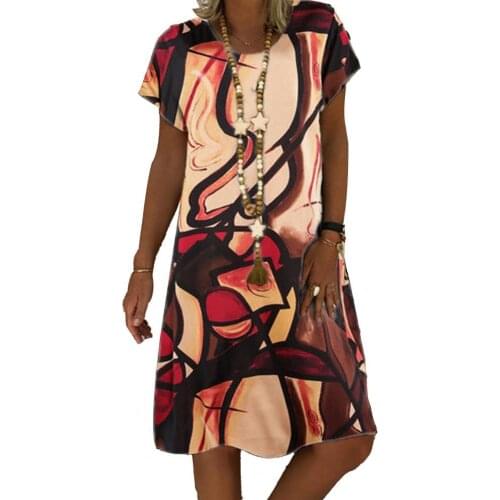 Vintage Chic Women Dresses 2021 Short Sleeve All-match Geometry Print Summer Beach Loose Dress