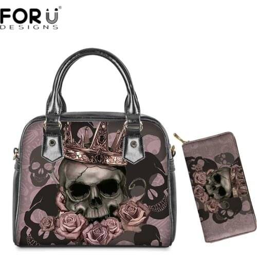 FORUDESIGNS Queen Skull Sunflower 3D Print Crossbody Bag Leather Zipper Flap Handbags for Women Travel Shopping Shoulder Bag Set