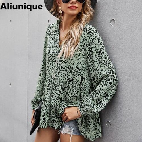 Aliunique Trendy New V-neck Casual Printing Shirt For Women 2021 Autumn Fashion Design Lady Loose Petal Sleeve Vacation Tops