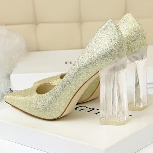 2021 Plus Size 43 Women Block 10cm High Heels Lady Scarpins Pink Yellow Clear Heels Satin Pumps Wedding Bling Transparent Shoes