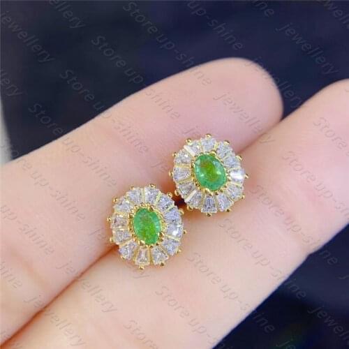 New Natural Emerald Earrings 925 Silver Womens Earrings Fresh and Cute