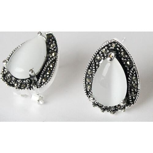 Ladys Genuine VINTAGE 925 STERLING BLACK Natural Stone AND WHITE OPAL MARCASITE EARRINGS 15X19M big 925 earrings