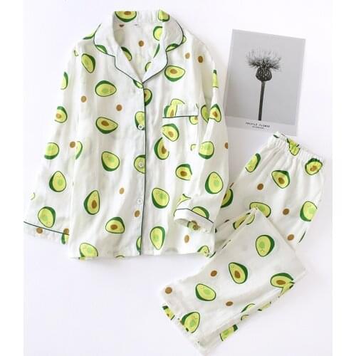 2Pcs Ladies Pajamas Set For Women Cotton Cartoon Avocado Printed Sleep Wear Female Shirt+Pants Comfort Fresh And Nature Pijamas