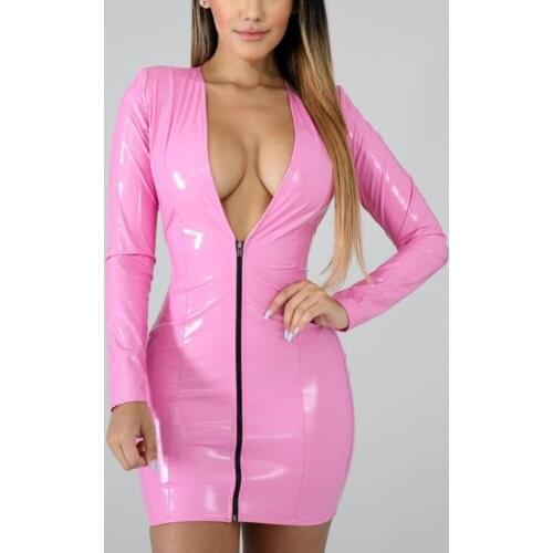 2021 Women Faux PU Leather Hot Bodycon Dresses Deep V neck Zippers High Elasticity Dress Sexy Club Party Oversize Ladies Dress