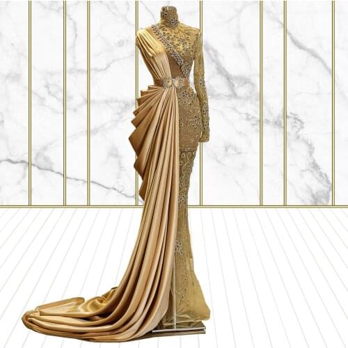 Gold Mermaid Single Sleeve Arabic Evening Dress Satin & Tulle Ruched Elegant Dress Women for Wedding Party Heavily Beaded