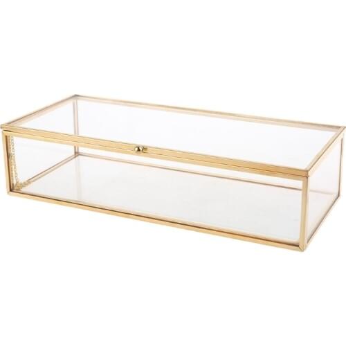 Golden Vintage Glass Lidded Box Edge Bracelet Keepsake Decorative Jewelry Display Personalized Large Clear Rectangle Box Rings