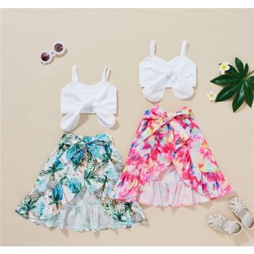 2-7Years Fashion Children Girls Summer Clothing Sets Bowknot Sleeveless Crop Tops+Floral Shorts Skirts Holiday Beach Clothes