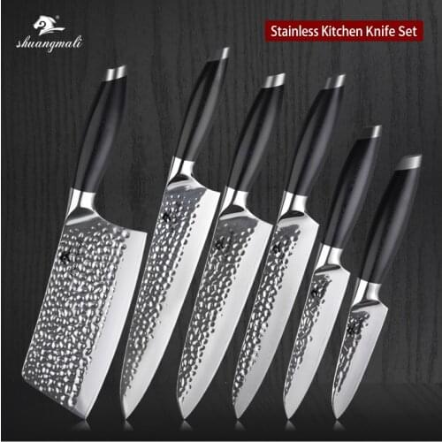 Shuangmali 6PCS Utility Chef Knife Set 440C Forged Steel Cooking Kitchen Knives Set Paring Chinese Cleaver Vegetable Chef Knife