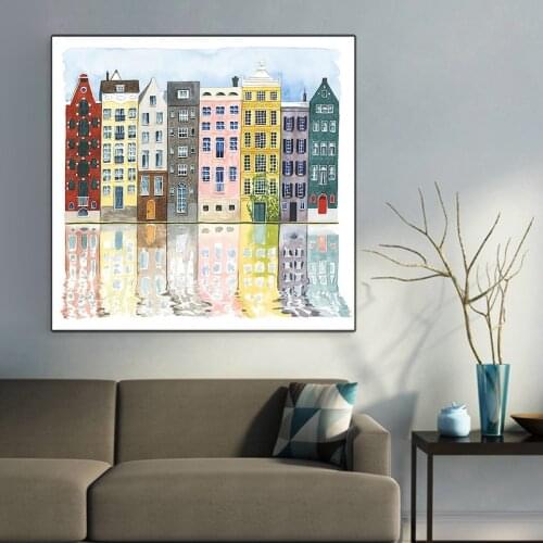 Watercolor Hand Drawn Canvas Paintings Facades of Old Colorful Buildings Posters Prints Wall Art Pictures for Living Home Decor