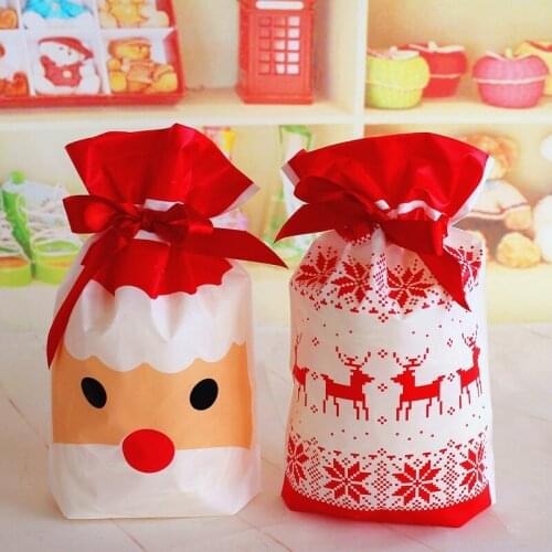 For Christmas 50pcs Bags With Ribbon As Cookie Snacks Chocolate Party Decoration Plastic Packaging Gift Use 2 Style Choose