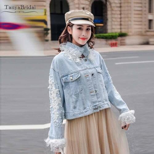 Ruffles Sleeve Bridal Denim Jacket Lace Beaded Pearls Fashion Wedding Outfit DJ128