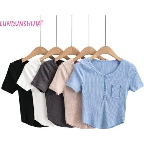 LUNDUNSHIJIA 2021 New Spring Summer Pocket T-Shirts Women Slim Knitting Tops Women Short Sleeve O-Neck Tee Shirt High Quality