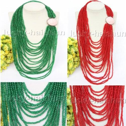 JQHS AAA natural 20row 17" 4mm round green red jades Beaded Strand necklace j11396-4