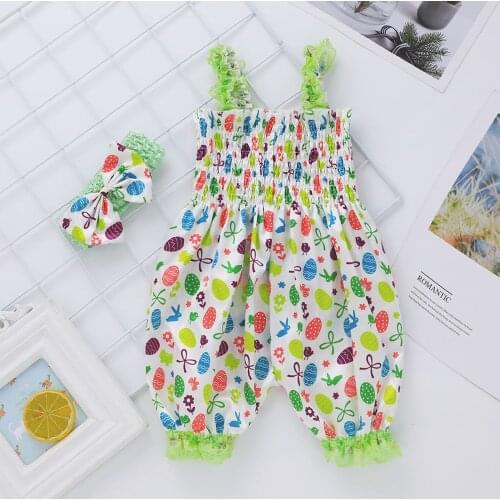 0-18M Newborn Baby Girls Summer Jumpsuit , Infant Sleeveless Elastic Waist Long Pants Romper + Hair Band Set