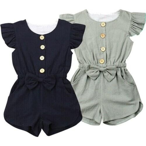 Toddler kids rompers playsuits New fashion Pure color Summer baby girls ruffles sleeveless jumpsuit bow lovely casual outfits