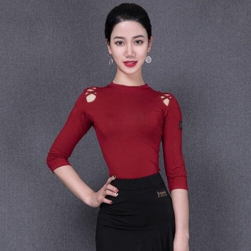Latin Dance Costume Female Adult New Long Sleeve Practice Shirt Round Neck Tops Ballroom Dance Competition Stage Clothes VO276