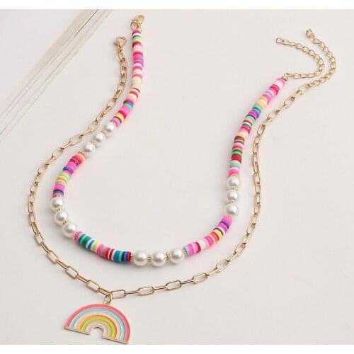 Fashion Colors of The Rainbow Necklaces Colorful Clay Double Collarbone Chain Alloy Imitation Pearl Necklaces Jewelry for Women