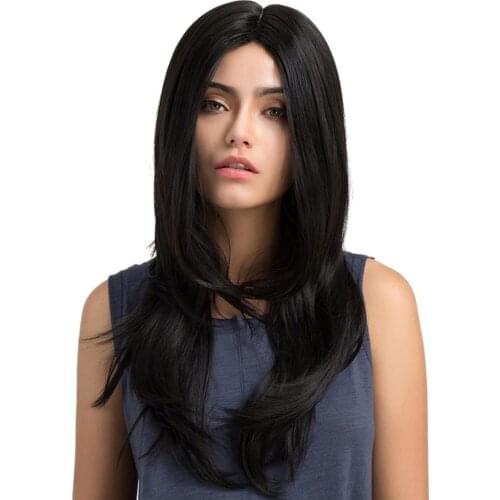 Fashion Women Long Wavy Black Middle Parting Synthetic Hair Cosplay Full Wig