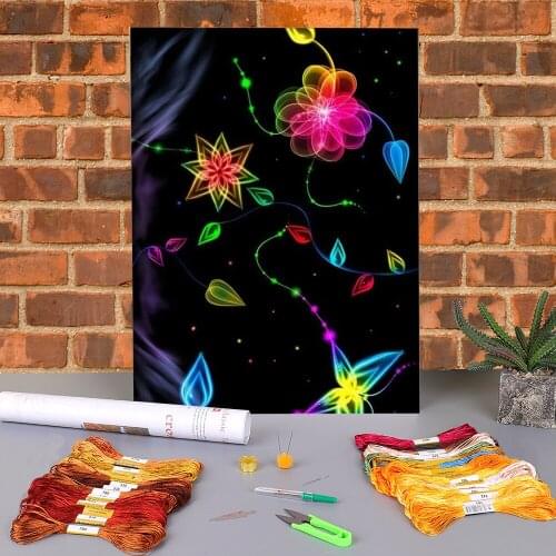 Colored Flowers Printed 11CT Cross Stitch Embroidery Complete Kit DMC Threads Handiwork Knitting Handicraft Package