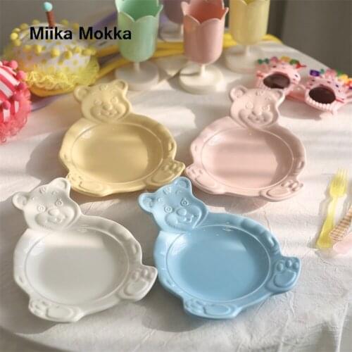 2021 New Cartoon Bear Cute Ceramic Dinner Plate Korean Bear Dessert Flat Bottom Soup Bowl Breakfast Salad Fruit Plate
