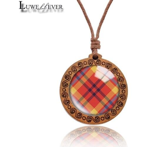 Grid Pattern Necklace 739 25mm Bronze 30mm Wood Rhinestone Double-sided Moon Round Glass Pendant For Women Gift