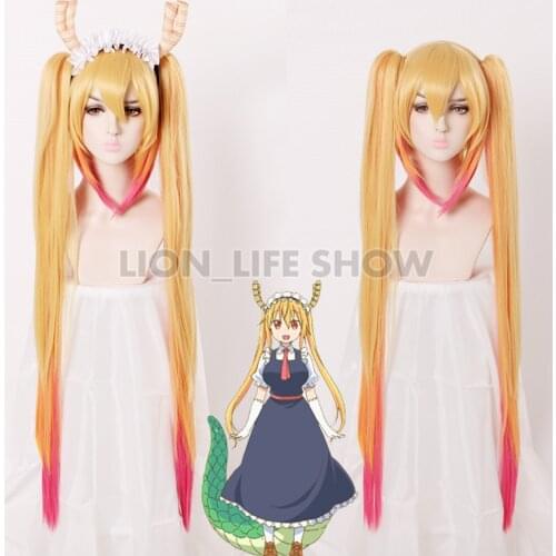 Kobayashi-san Chi No Maid Dragon Tohru Wigs Cosplay Peluca Yellow Gradient Pink Long Hair Double Ponytail 100cm