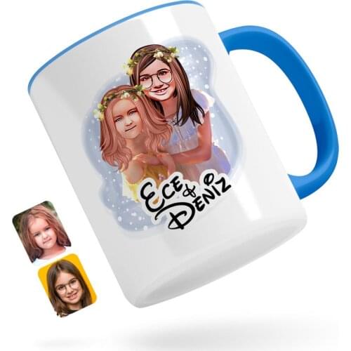 Personalized Sisters Caricature Of Blue Mug Bardak-2