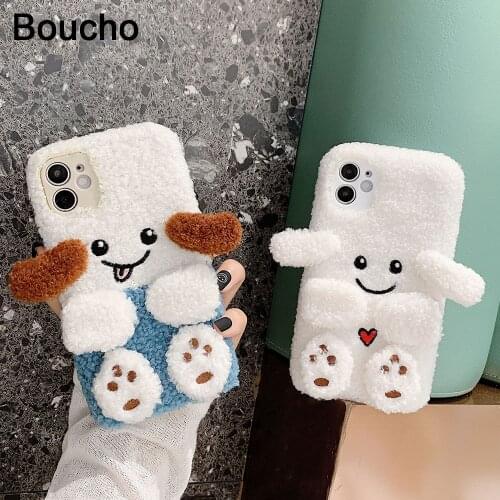 Boucho 3D Dog Fluffy Phone Case for iPhone 12 Pro Max XS XR New Winter Warm Cover for iPhone 8 7 6/6s Plus X 12Mini 11 Pro Max