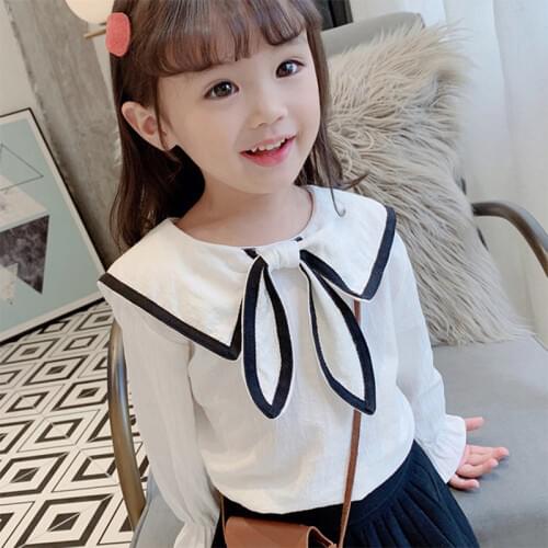 Girls' Shirt 2021 Spring New Childrens Baby Shirt Girls' Lapel Bow Long Sleeve Shirt