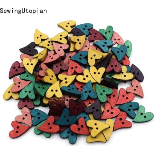 100PCS Mixed Handmade Mixed Lovely Heart 2 Holes Multicolor Wood Sewing Buttons Scrapbooking 20X18MM Wooden Button